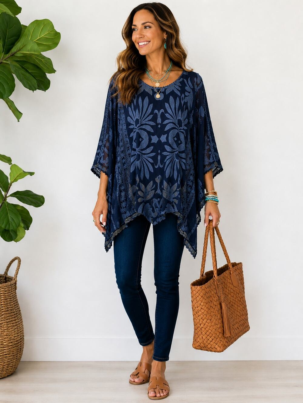 Johnny Was Blue Embroidered Rayon Tunic Top Large Handkerchief Hem